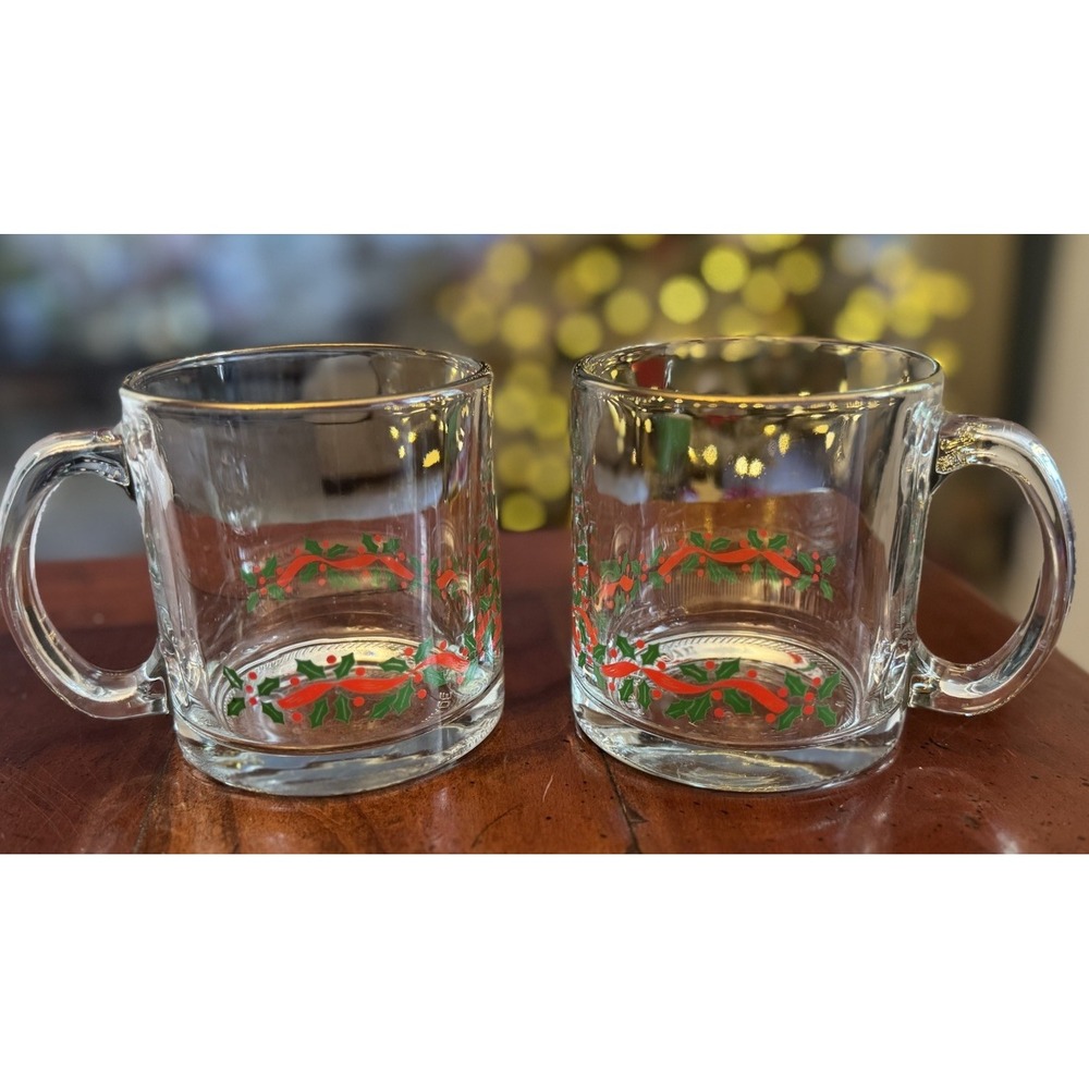 Set Of 2 Vintage Libbey Holly Berry‎ Gold Rimmed Clear Mug Christmas Holiday